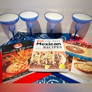 Set of 4 Margarita Glasses, 3 Tex-Mex Cookbooks, 4 table decor bandanas bundle